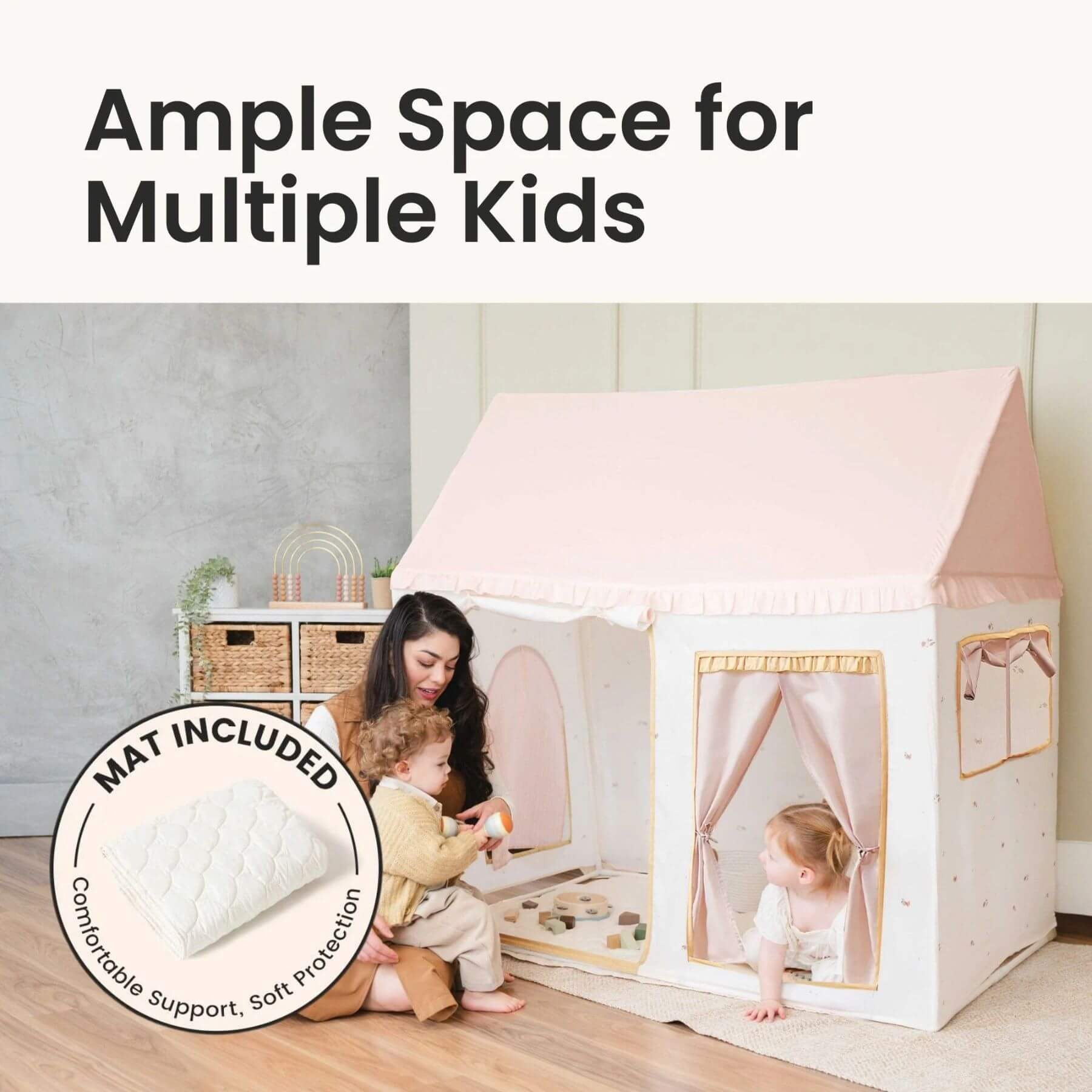 Children playing inside Tiny Land® Sweet Citrus Kid's Play Tent - Creamy white/pink with a woman sitting nearby, text 'Ample Space for Multiple Kids' and 'Mat Included' visible.