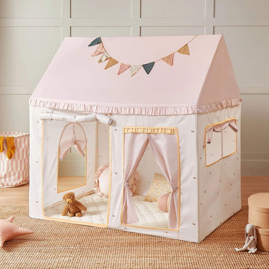 Tiny Land® Sweet Citrus Kid's Play Tent -  Creamy white/pink, decorated with a banner, on a wooden floor.