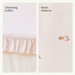 Two fabric swatches with ruffles and floral patterns on a white background.
