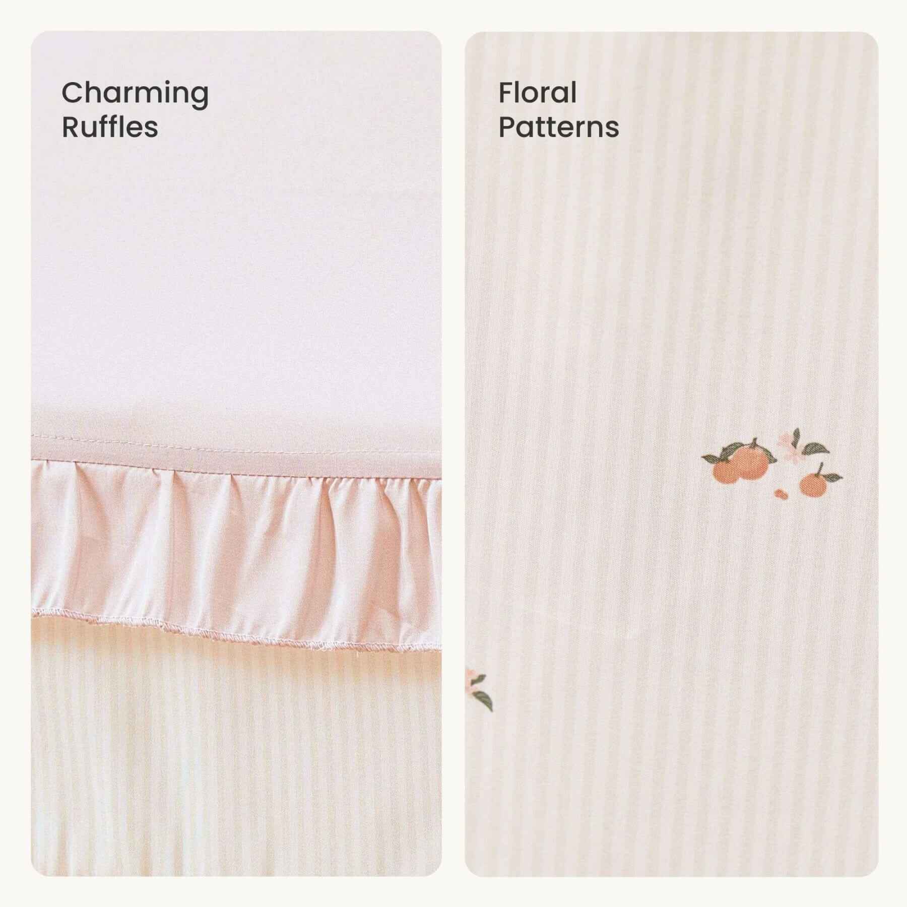 Two fabric swatches with ruffles and floral patterns on a white background.