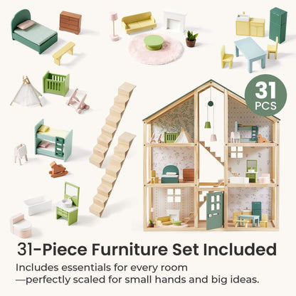Set of miniature dollhouse furniture with a wooden dollhouse and '31 PCS' label.