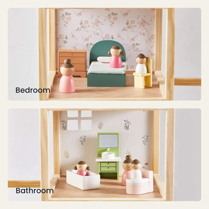 Wooden dollhouse with miniature furniture and dolls, labeled 'Bedroom' and 'Bathroom'.