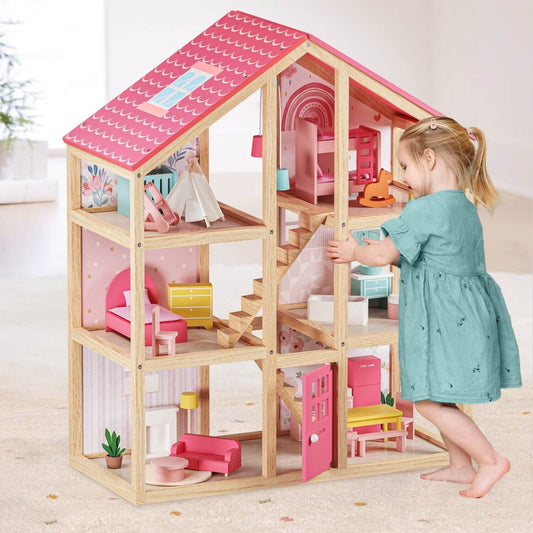 Girl Playing Tiny Land® Sweetwood Love Dollhouse