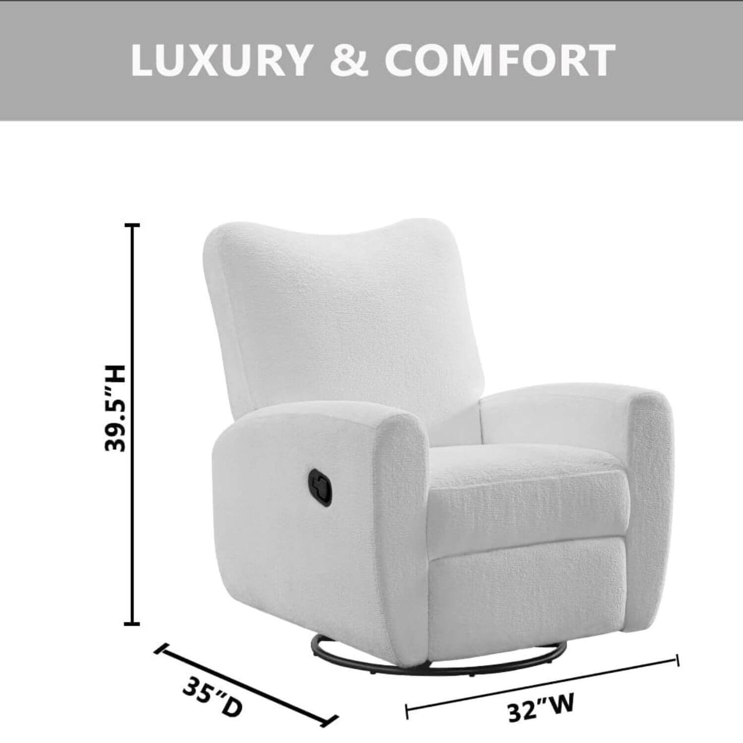 Oxford Baby Synergy Glider - Plush White with dimensions labeled on a white background