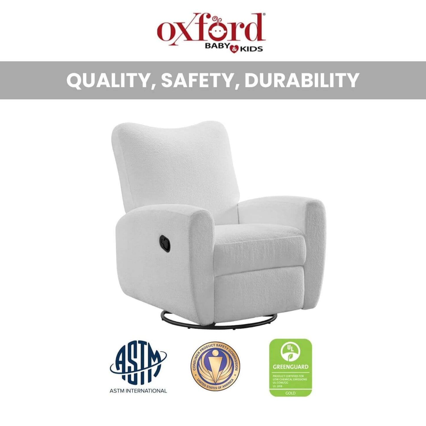 Oxford Baby Synergy Glider - Plush White with Oxford Baby & Kids branding and certification logos on a white background
