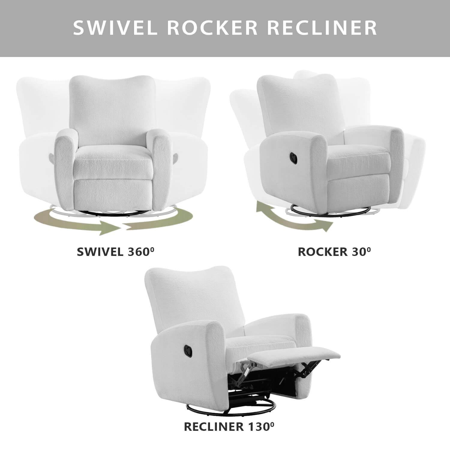Oxford Baby Synergy Glider - Plush White with labeled movements on a white background