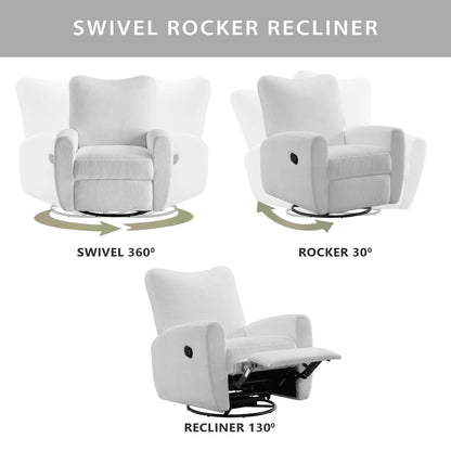 Oxford Baby Synergy Glider - Plush White with labeled movements on a white background