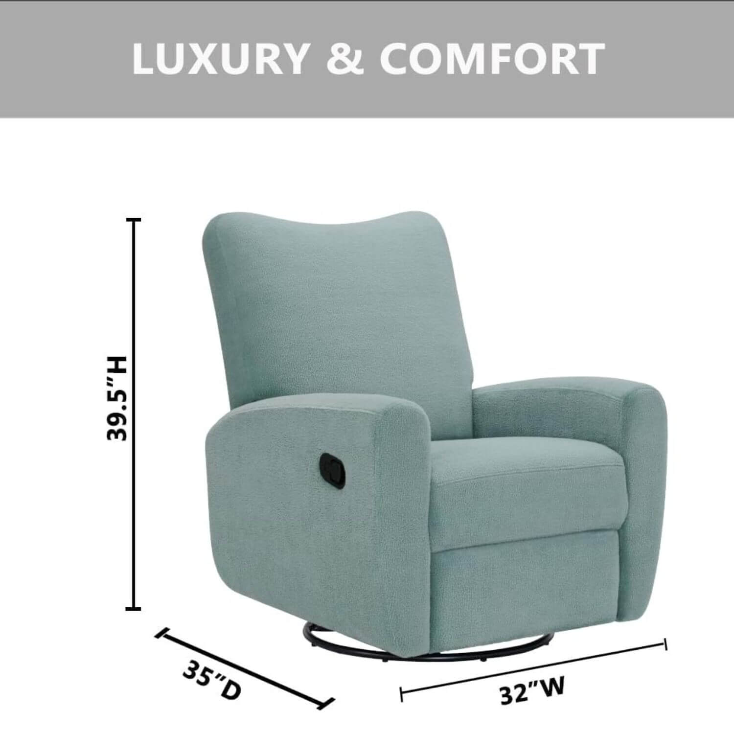 Oxford Baby Synergy Glider - Teal Mist with dimensions on a white background