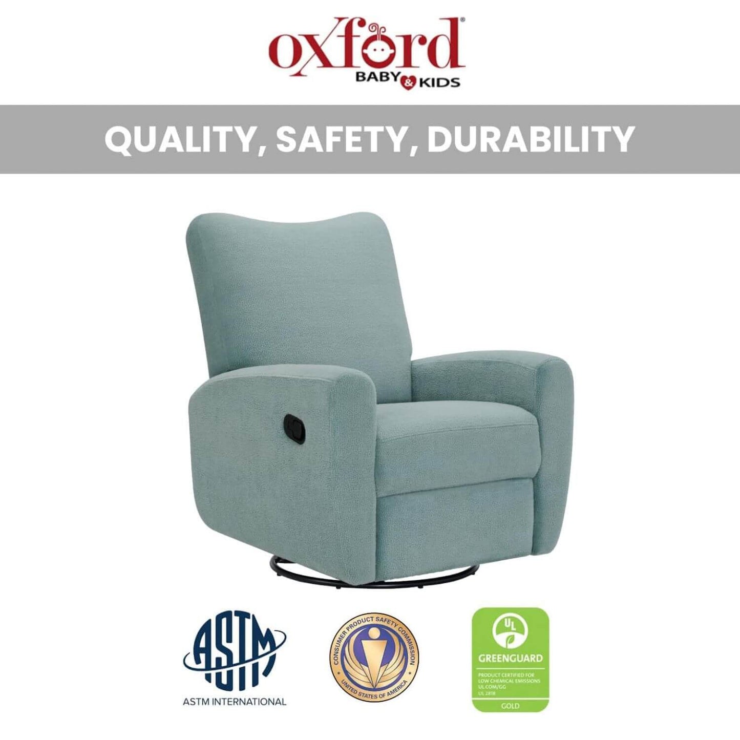 Oxford Baby Synergy Glider - Teal Mist with Oxford Baby & Kids branding and certification logos on a white background