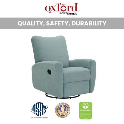 Oxford Baby Synergy Glider - Teal Mist with Oxford Baby & Kids branding and certification logos on a white background