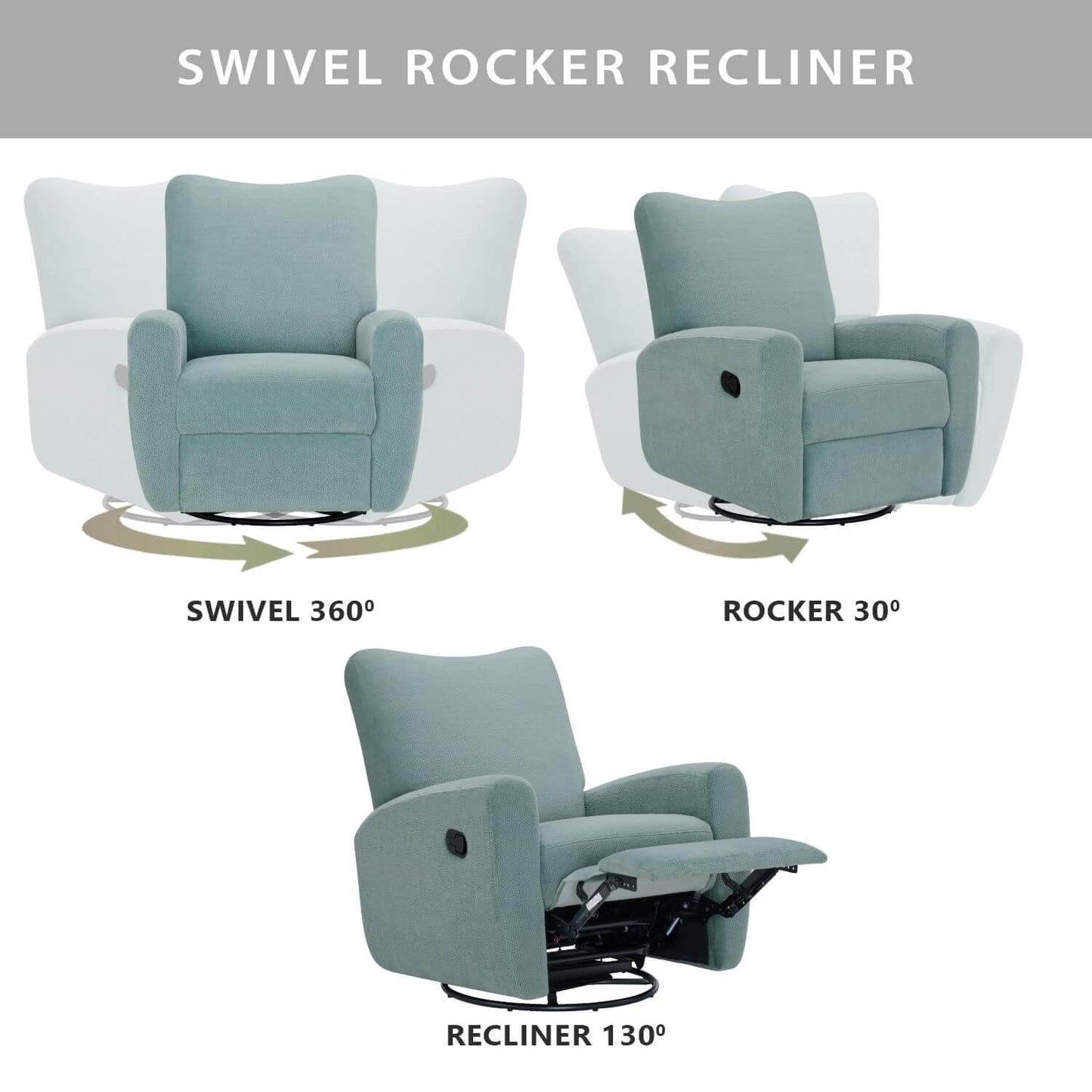 Oxford Baby Synergy Glider - Teal Mist with labeled movements on a white background