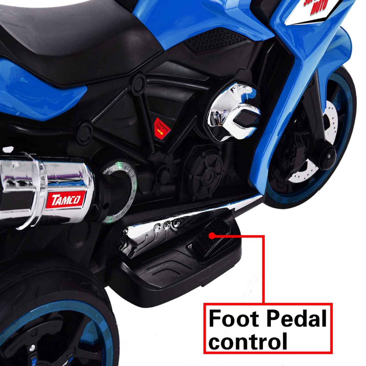 Close-up of Tamco 12V Kids Electric Ride On Motorcycle - Blue
