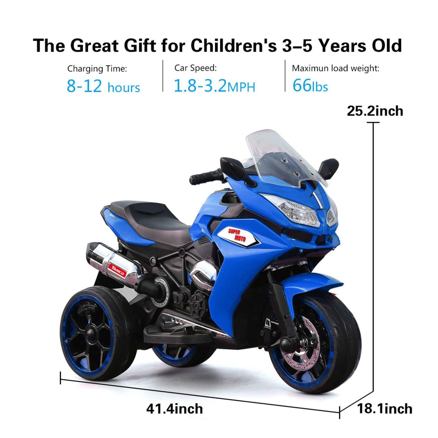 Tamco 12V Kids Electric Ride On Motorcycle - Blue with specifications on a white background