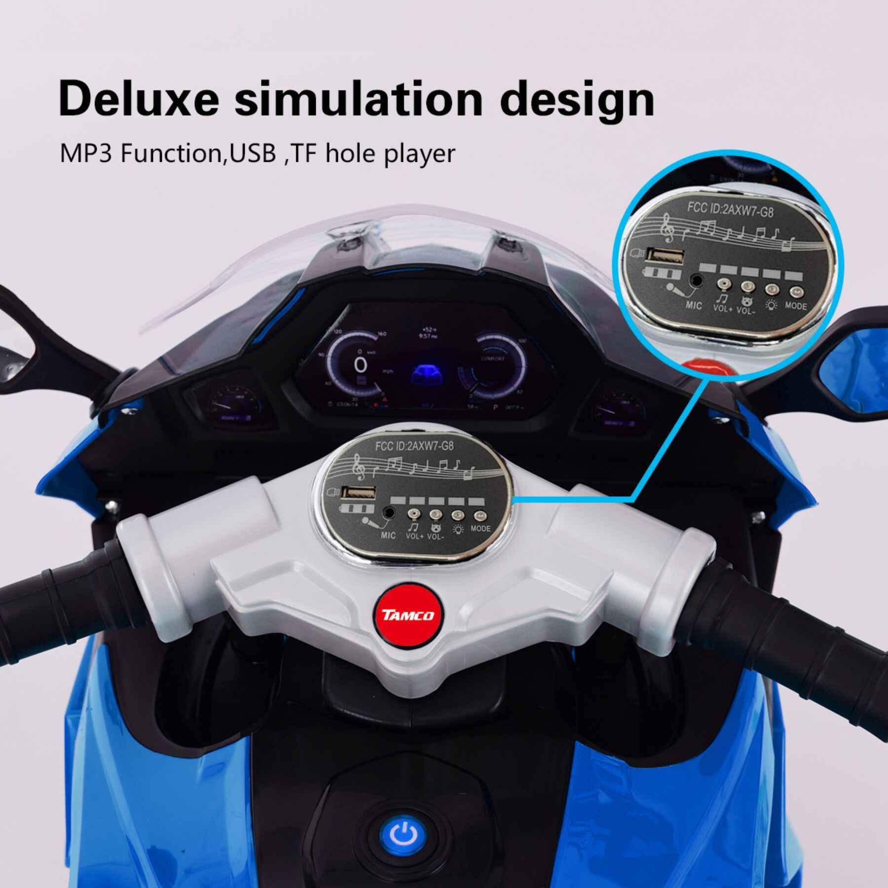 Close-up of Tamco 12V Kids Electric Ride On Motorcycle - Blue
