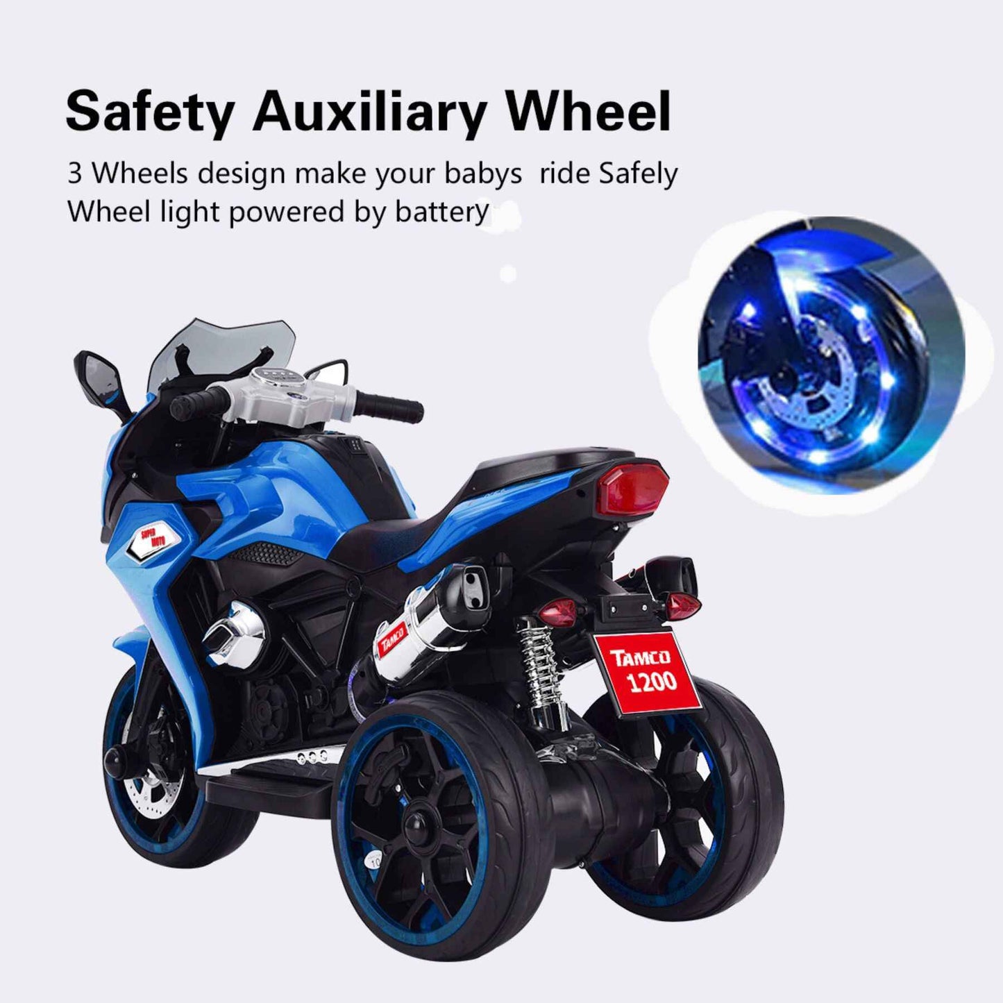Tamco 12V Kids Electric Ride On Motorcycle - Blue with safety auxiliary wheel and battery light on a white background