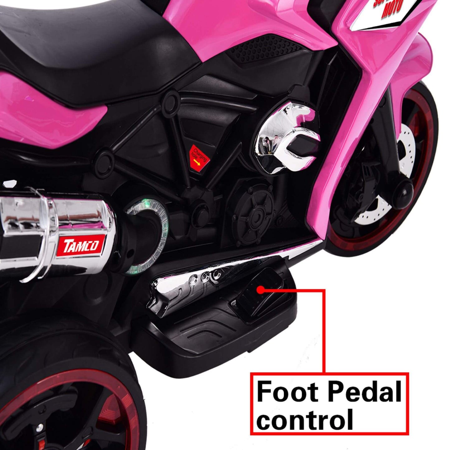 Tamco 12V Kids Electric Ride On Motorcycle - Pink with a foot pedal control highlighted