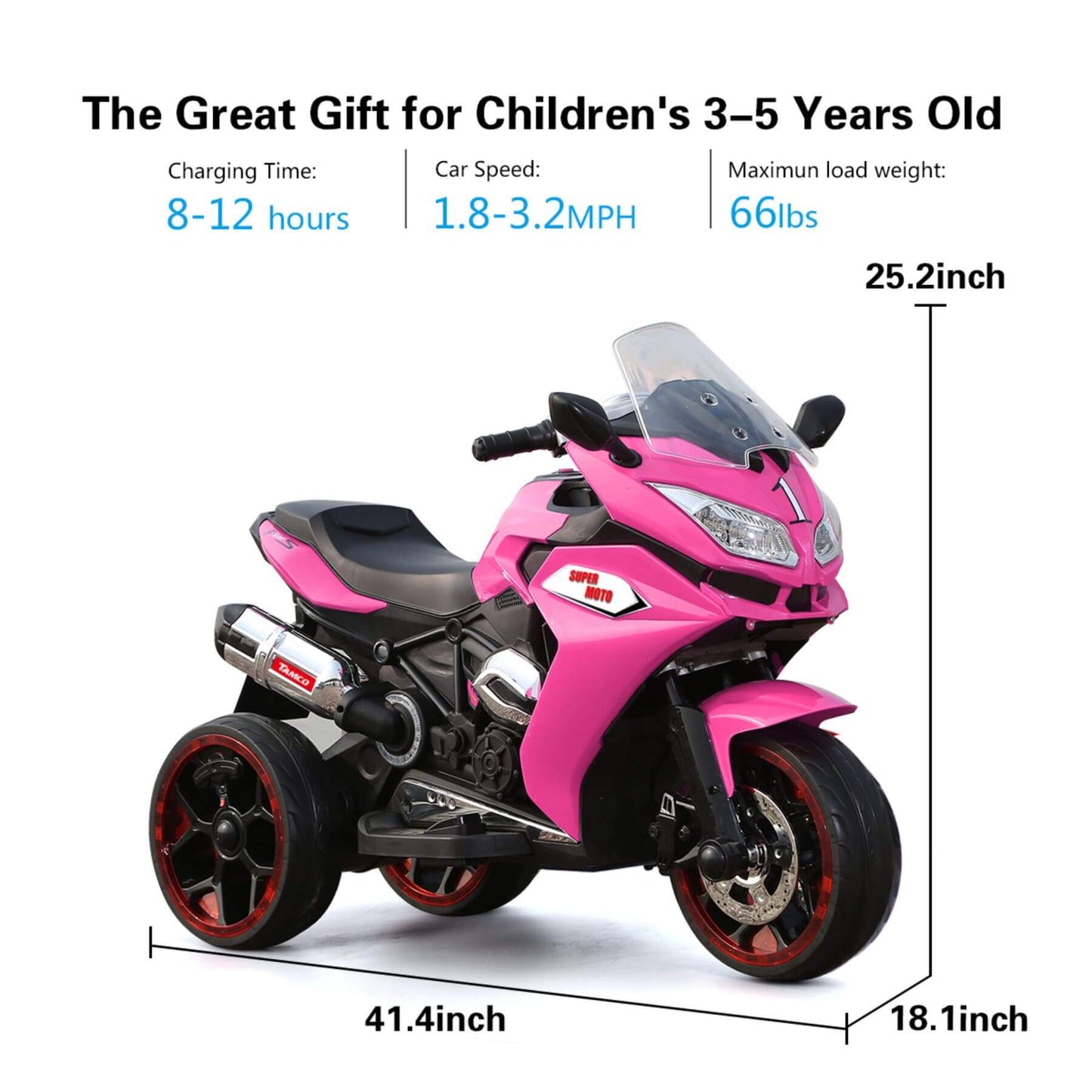 Tamco 12V Kids Electric Ride On Motorcycle - Pink with specifications on a white background