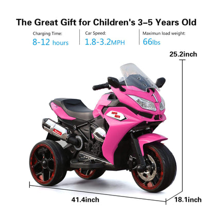 Tamco 12V Kids Electric Ride On Motorcycle - Pink with specifications on a white background