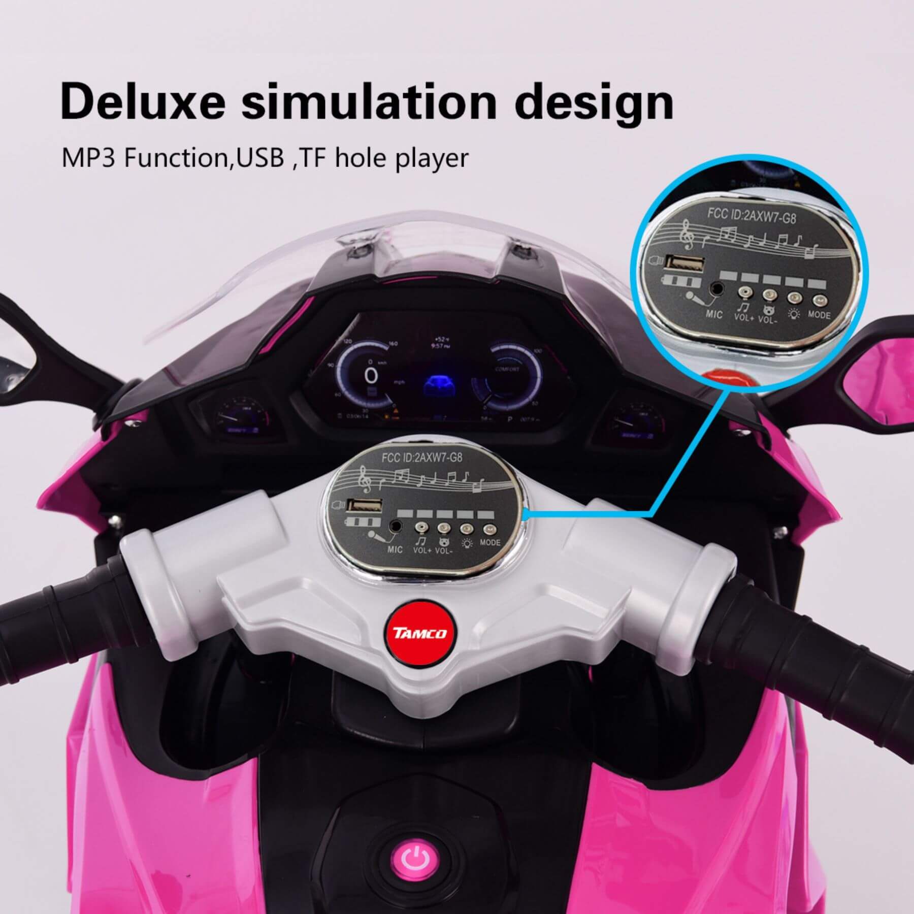 Close-up of Tamco 12V Kids Electric Ride On Motorcycle - Pink