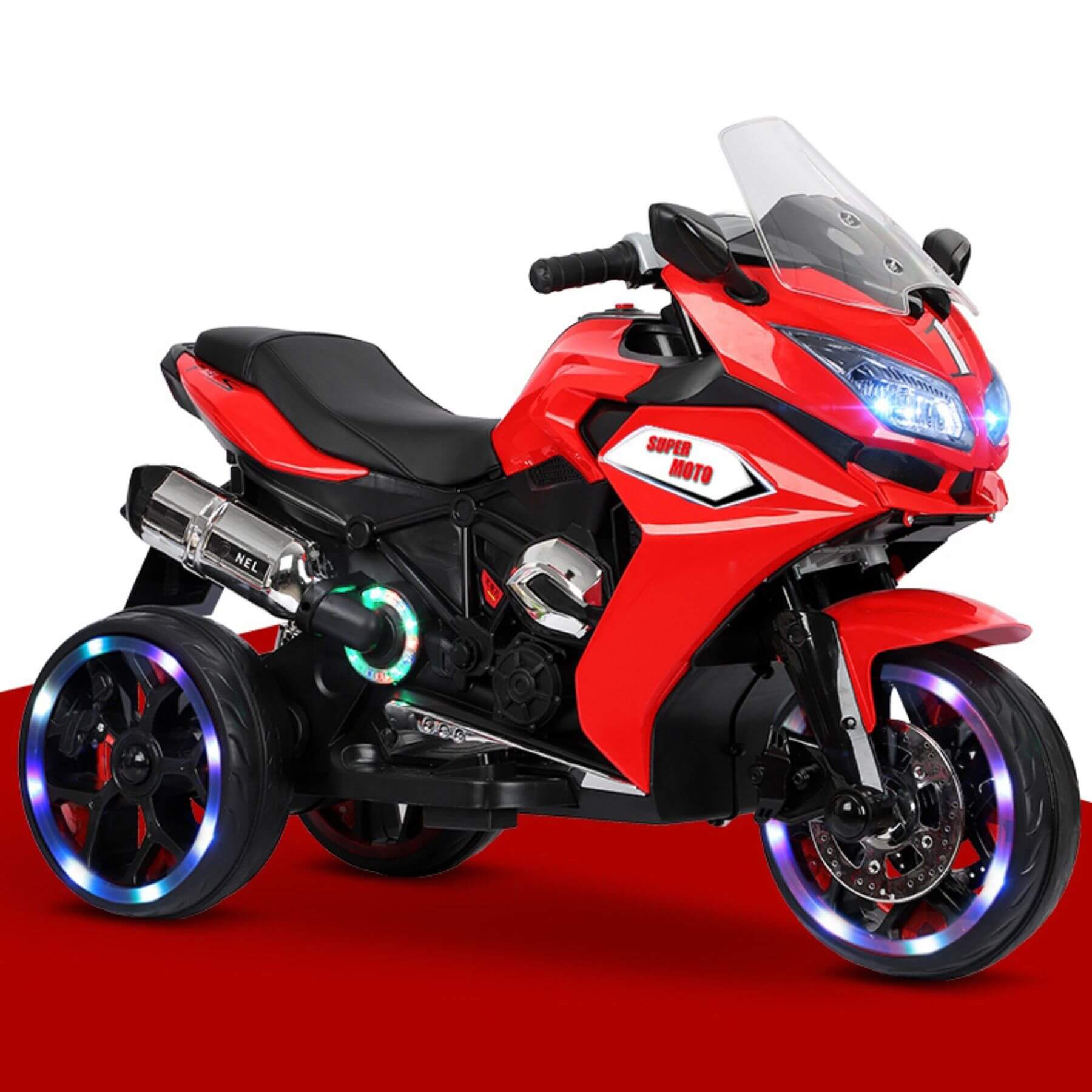 Tamco 12V Kids Electric Ride On Motorcycle - Red on a red background