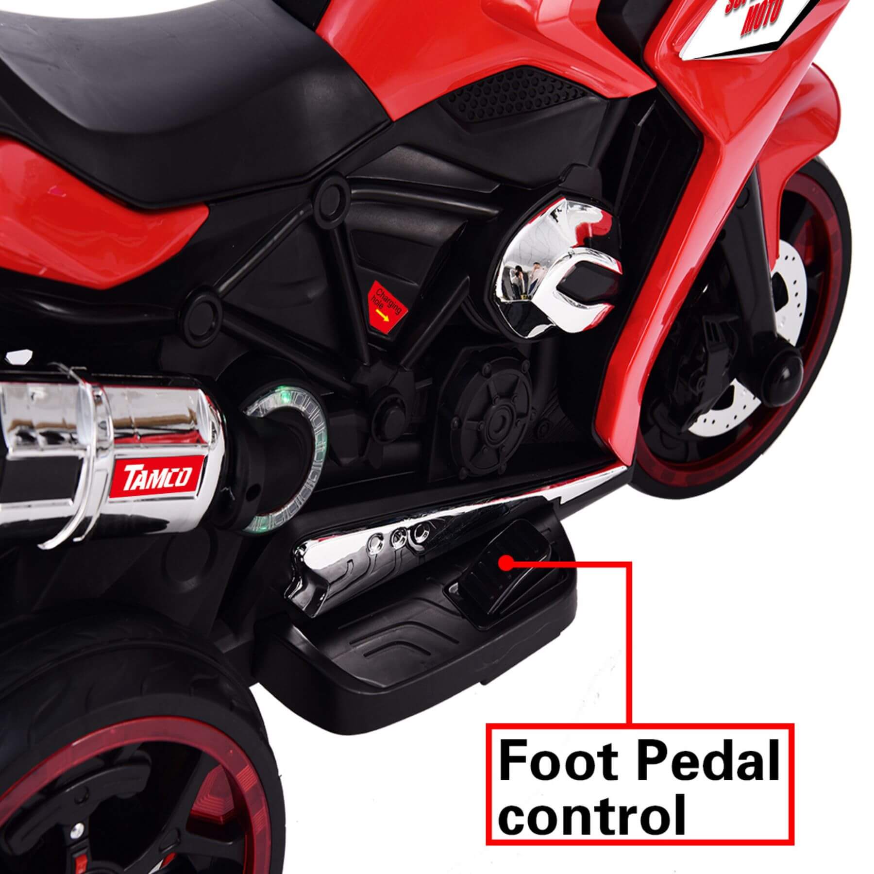 Tamco 12V Kids Electric Ride On Motorcycle - Red with a foot pedal control highlighted