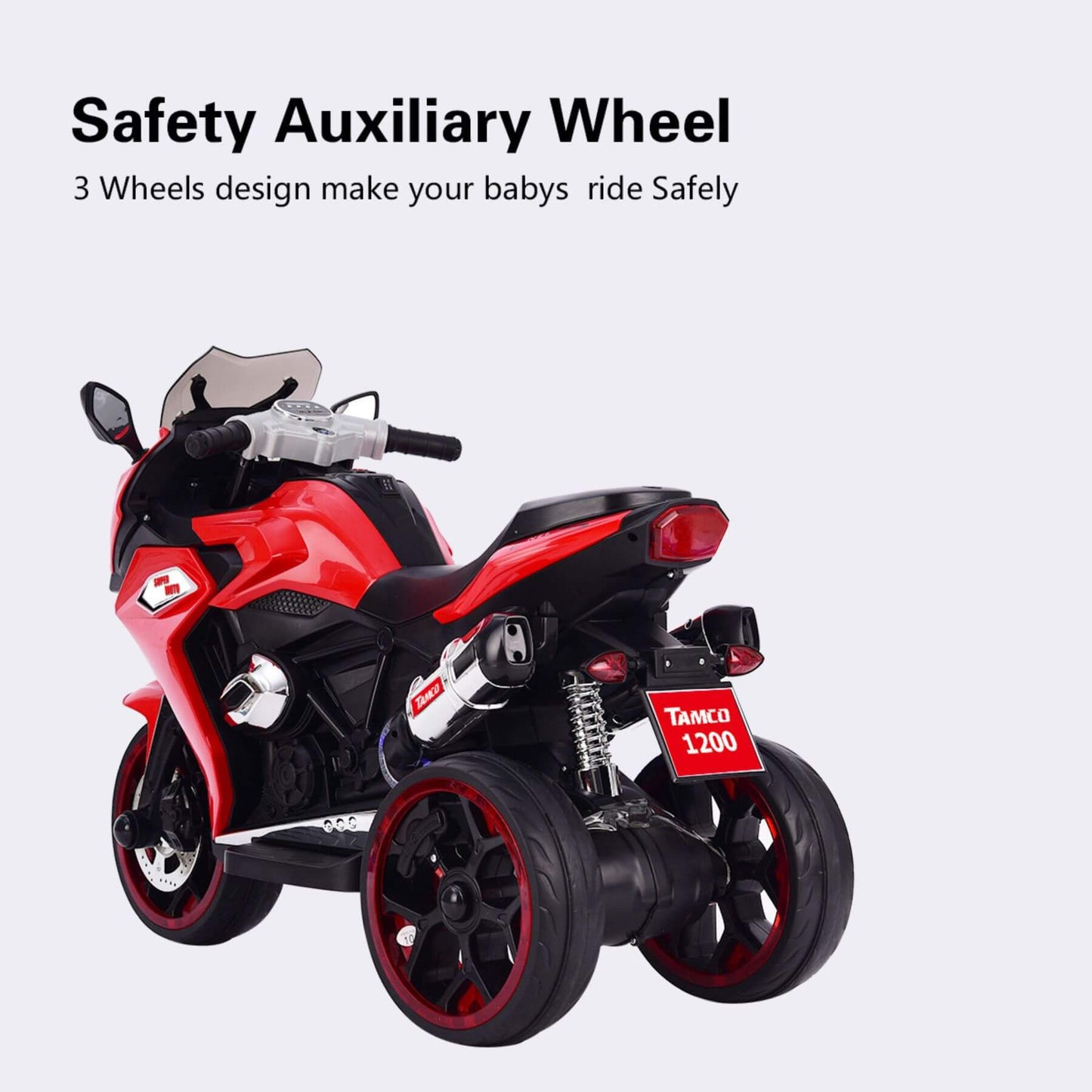 Tamco 12V Kids Electric Ride On Motorcycle - Red with safety auxiliary wheel on a white background