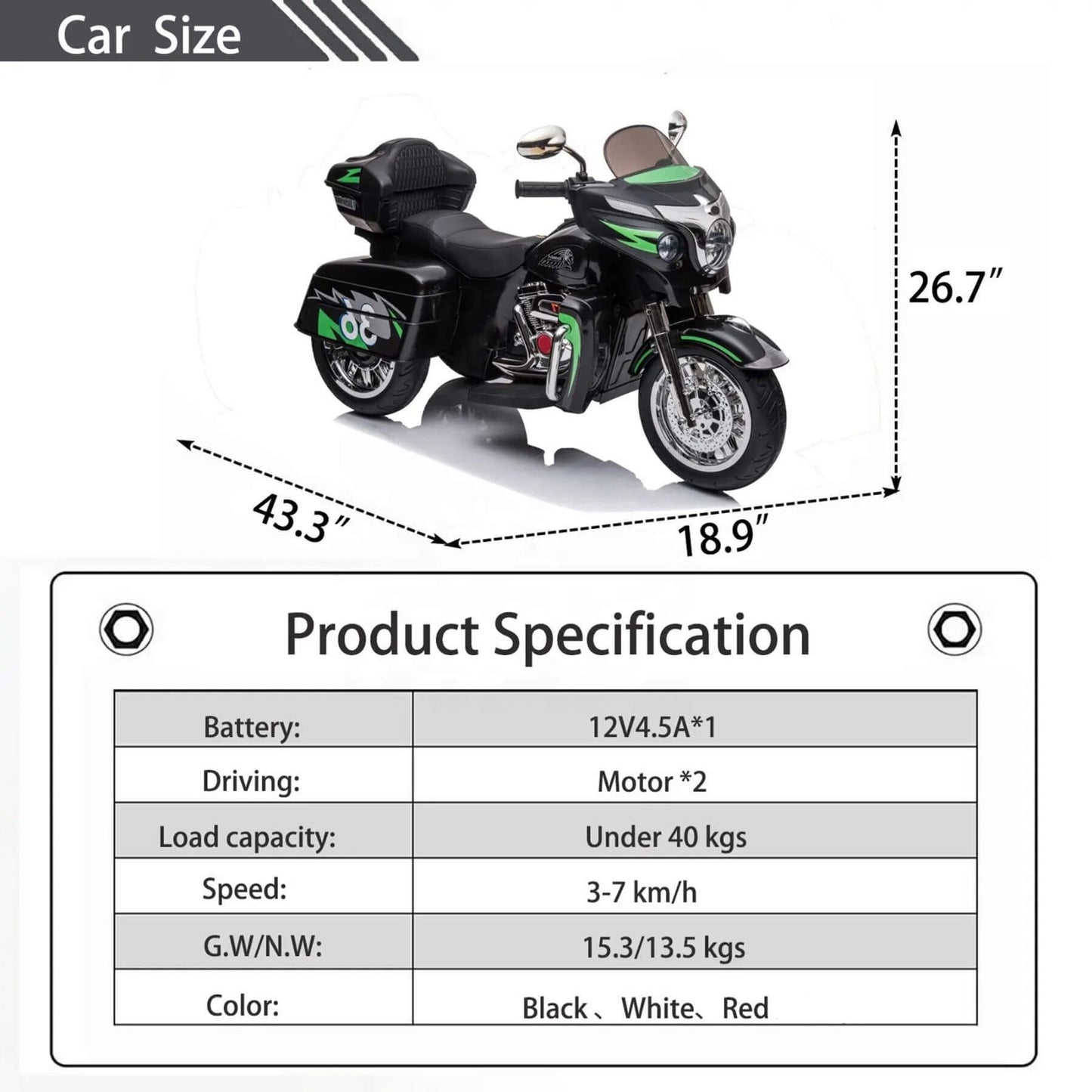 Tamco 12V Kids Electric Ride On Motorcycle - Black with dimensions and product specifications on a white background