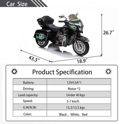 Tamco 12V Kids Electric Ride On Motorcycle - Black with dimensions and product specifications on a white background