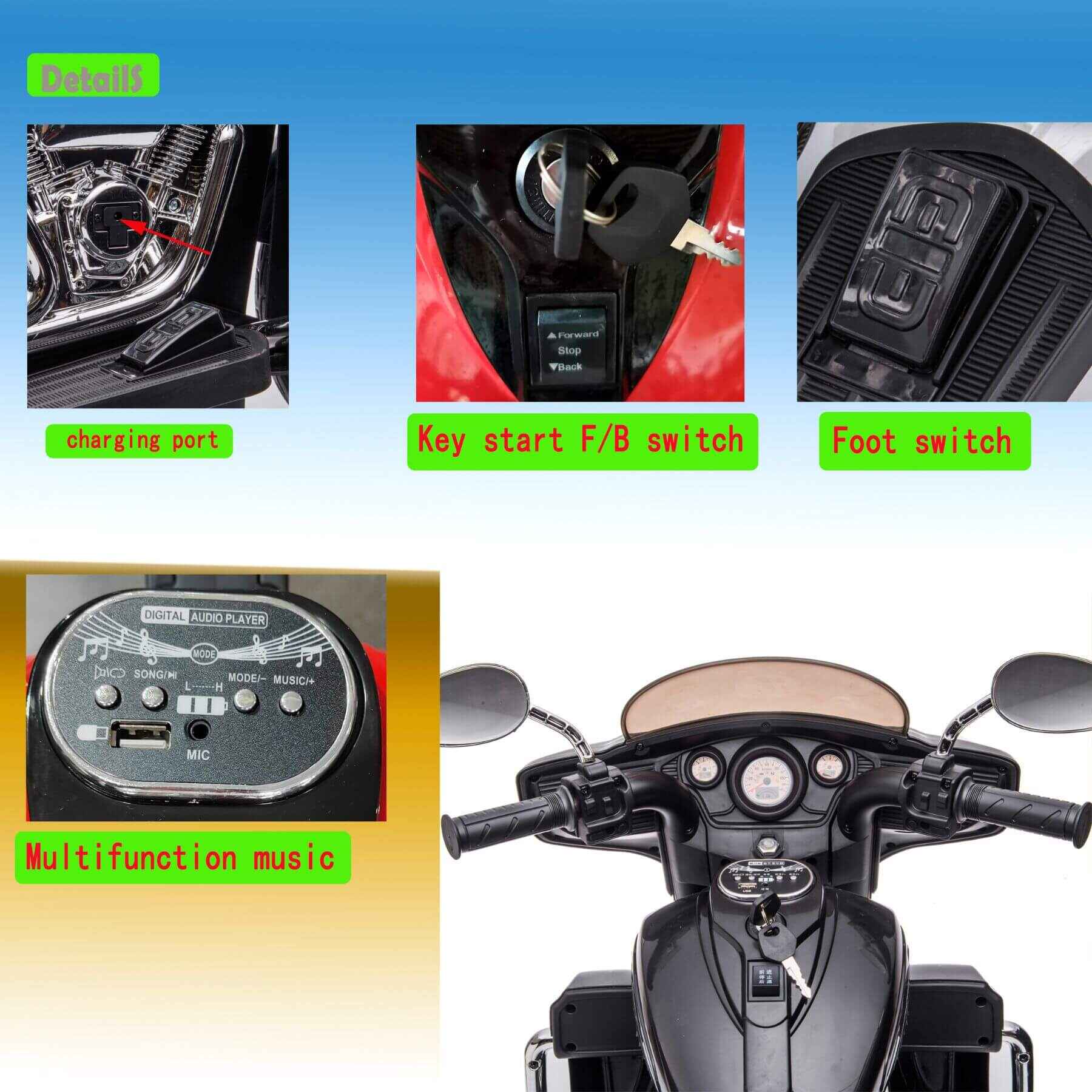 Motorcycle dashboard with labeled components on a blue gradient background