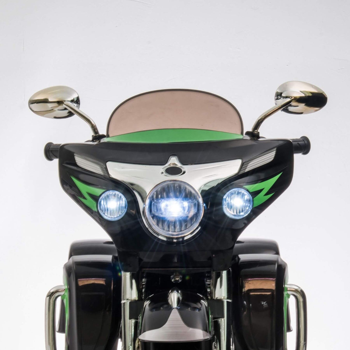 Motorcycle front with headlights on a white background