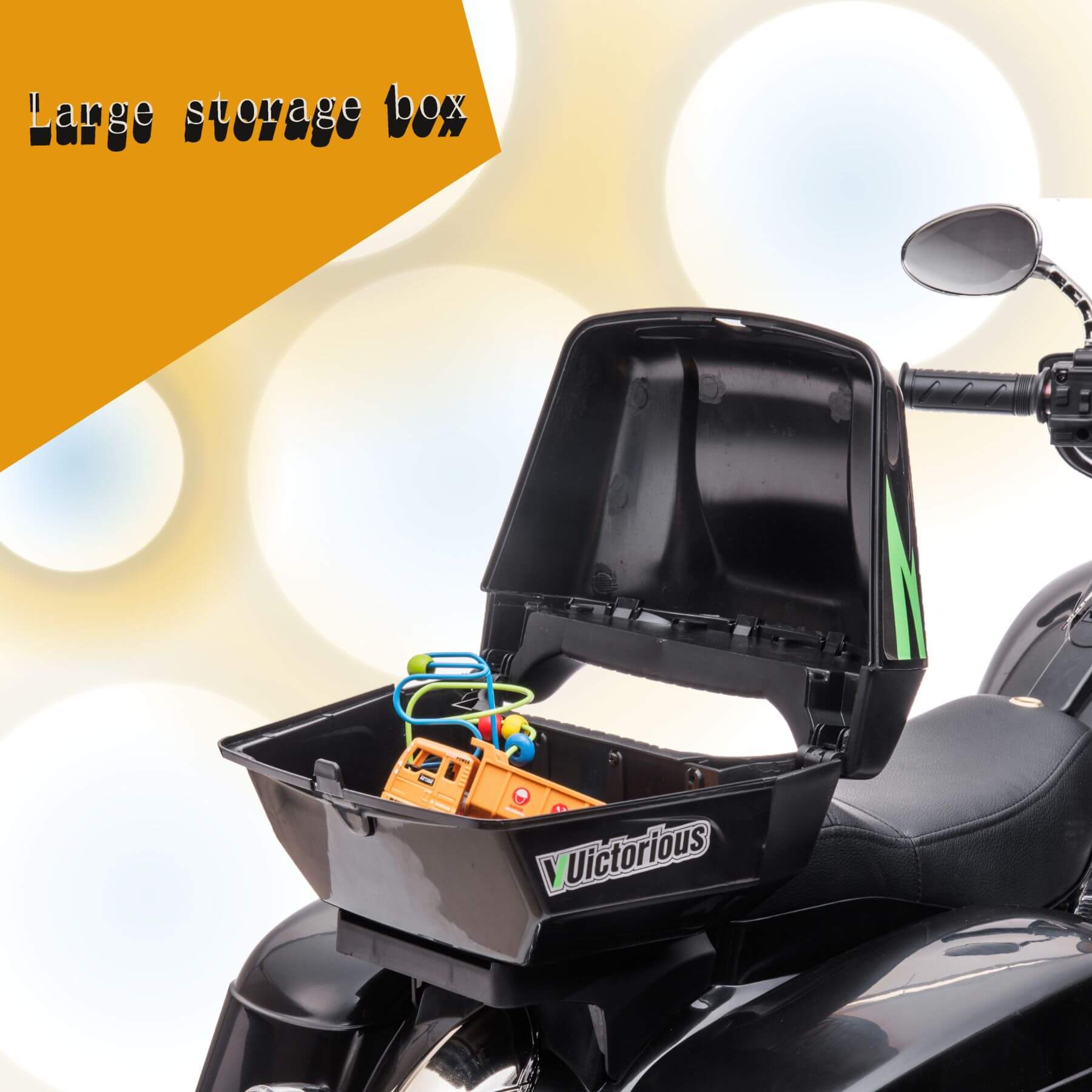 Motorcycle storage box with 'Victorious' branding on a blurred background