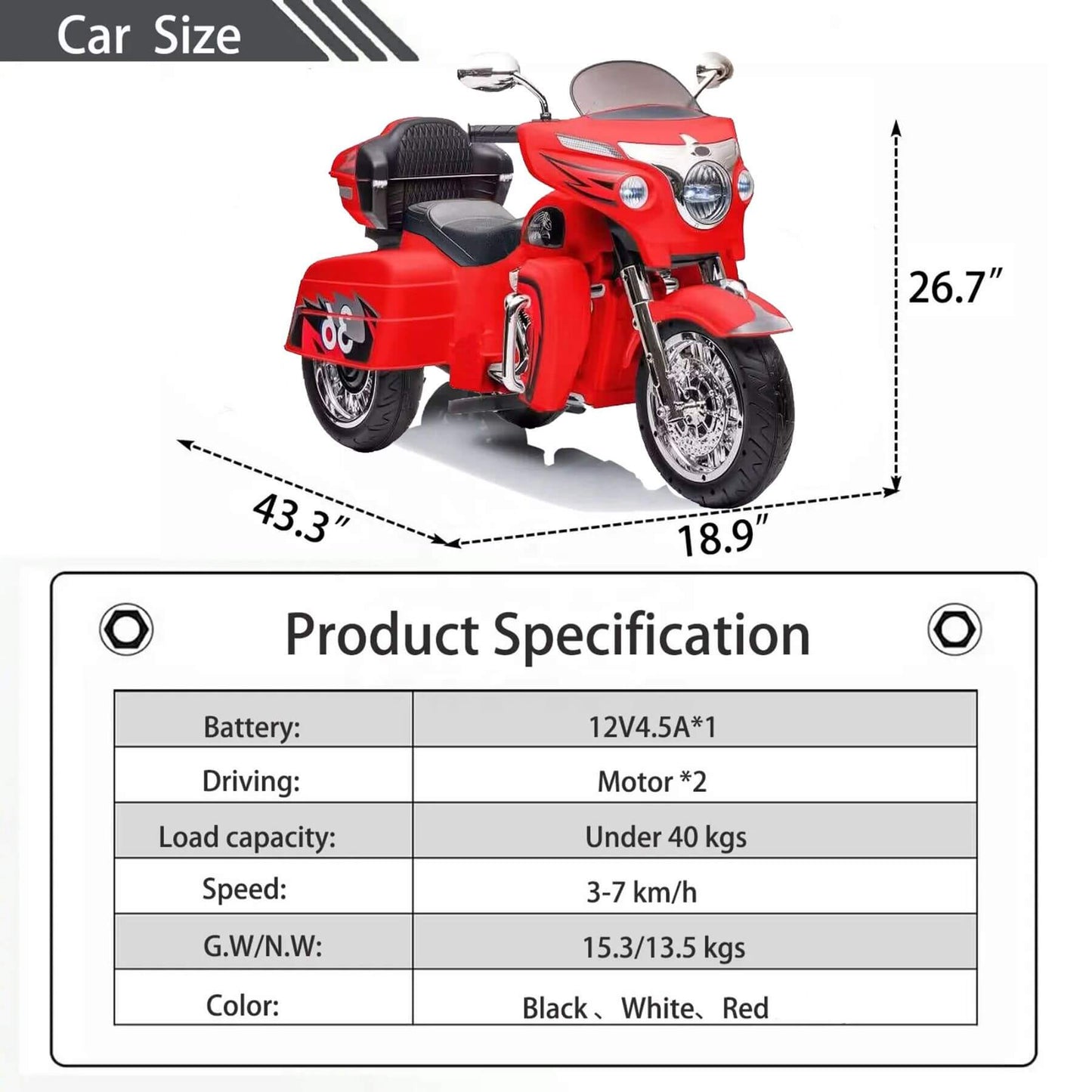 Tamco 12V Kids Electric Ride On Motorcycle - Red with specification list