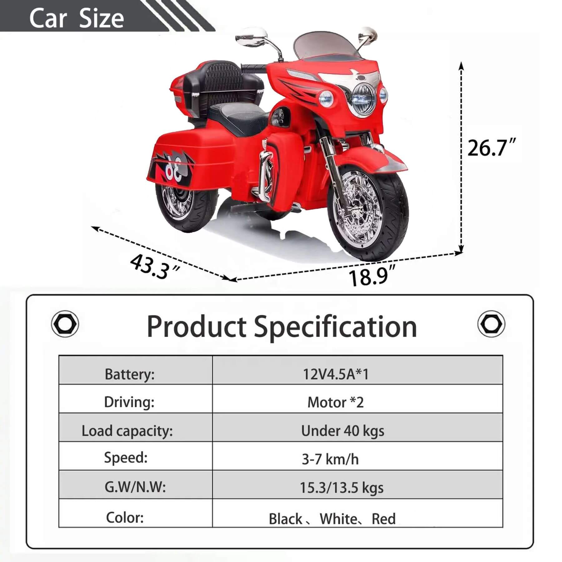 Tamco 12V Kids Electric Ride On Motorcycle - Red with specification list