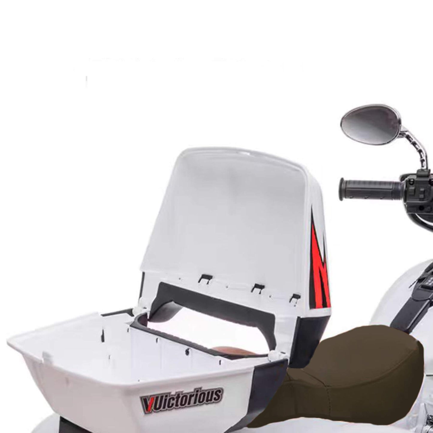 Close-up of Tamco 12V Kids Electric Ride On Motorcycle - White