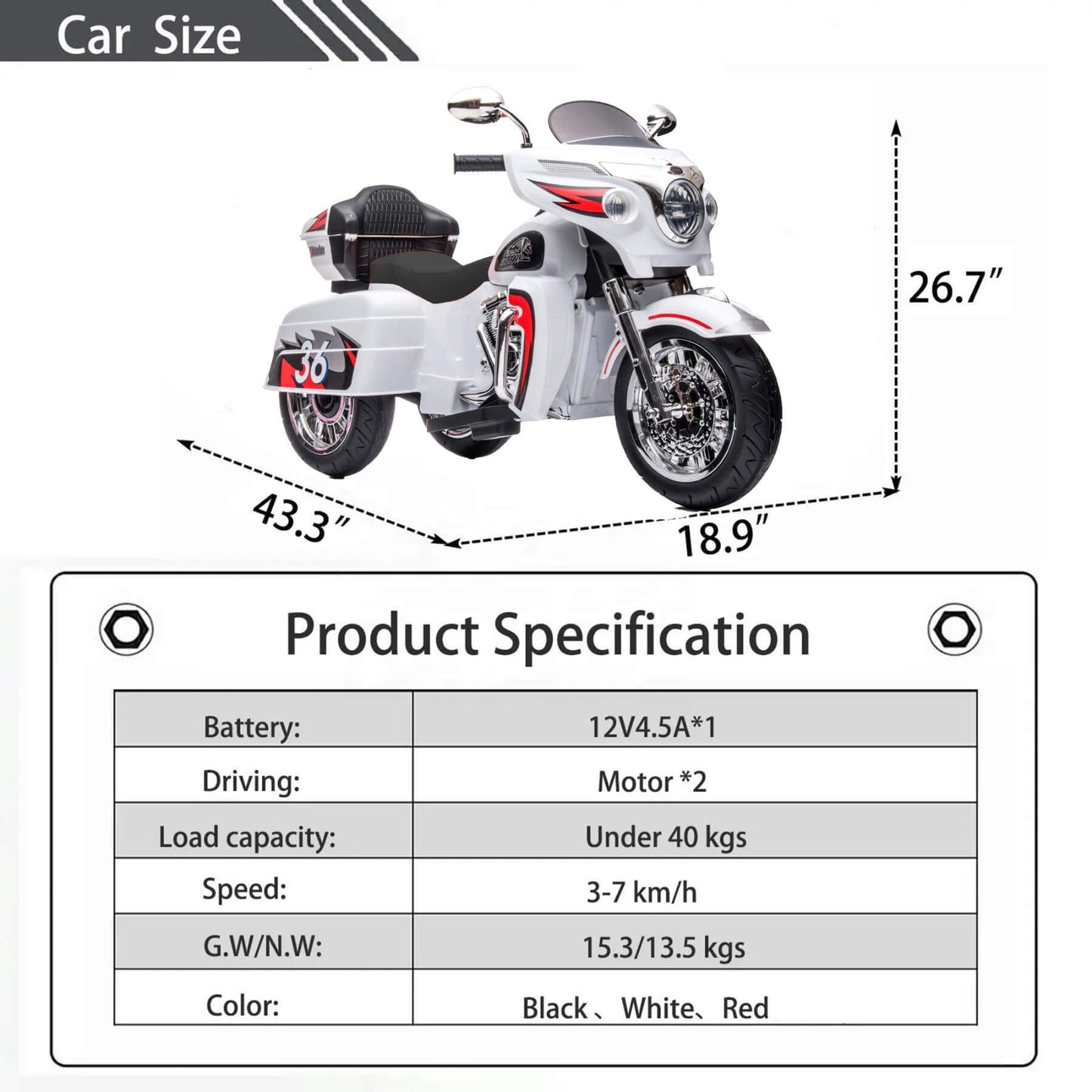Measurement chart of Tamco 12V Kids Electric Ride On Motorcycle - White with specifications listed below.
