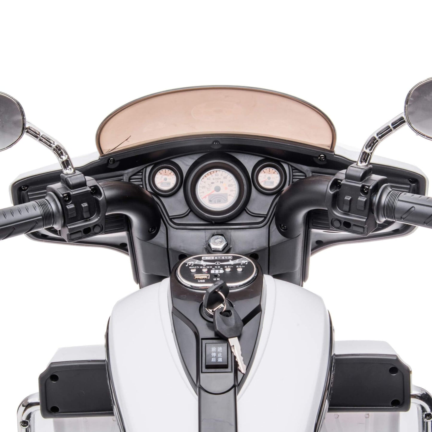 Close-up of a motorcycle dashboard with gauges and controls on a white background