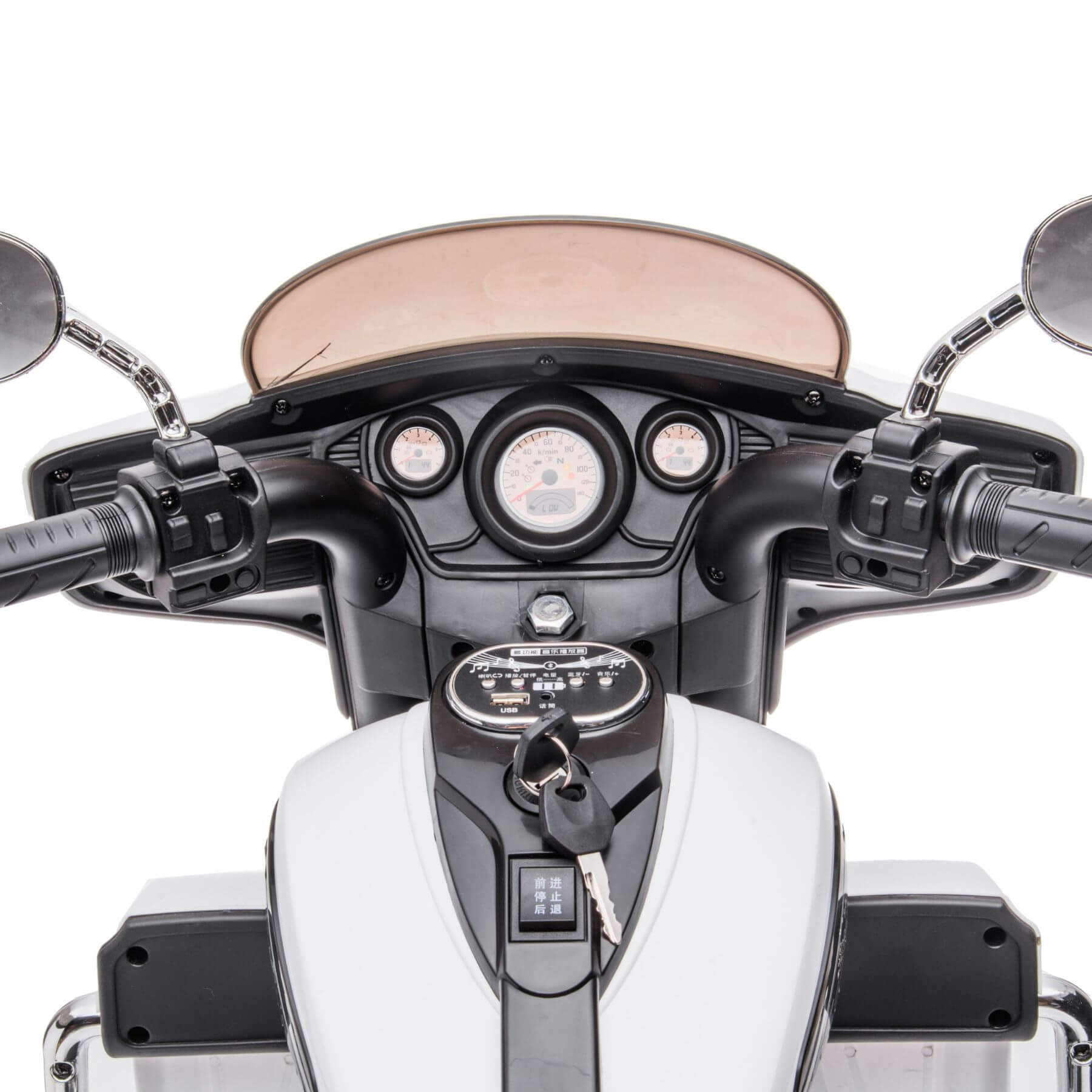 Close-up of a motorcycle dashboard with gauges and controls on a white background