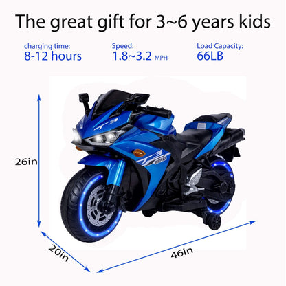 Tamco Kids 12V Motorcycle with Training Wheels - Blue with specifications on a white background