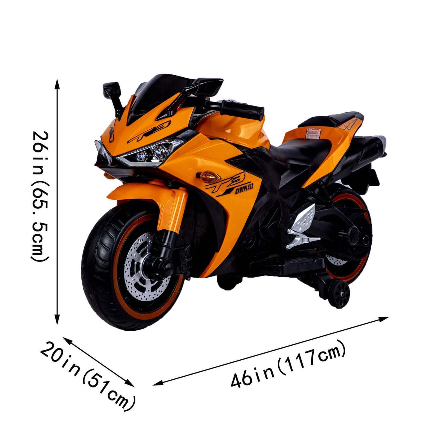 Tamco Kids 12V Motorcycle with Training Wheels - Orange with dimensions labeled on a white background