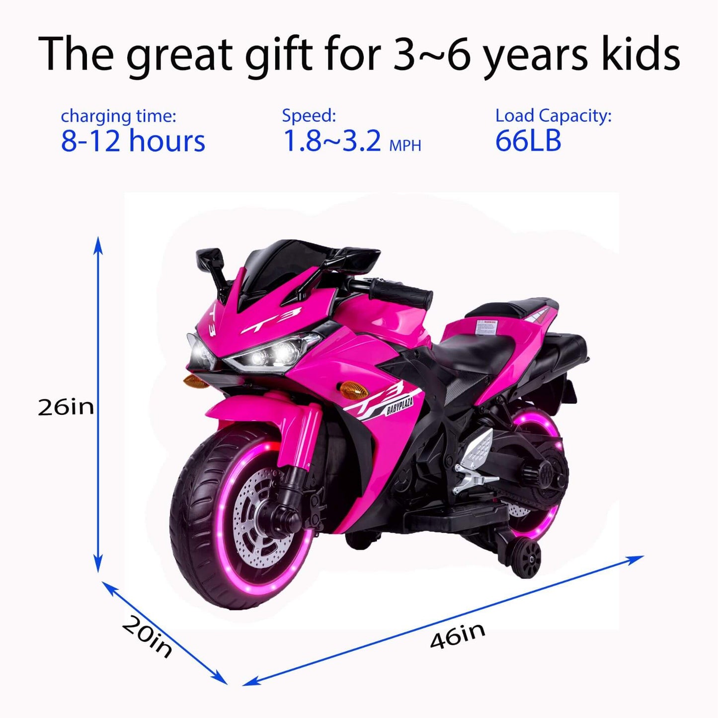 Tamco Kids 12V Motorcycle with Training Wheels - Pink with specifications on a white background
