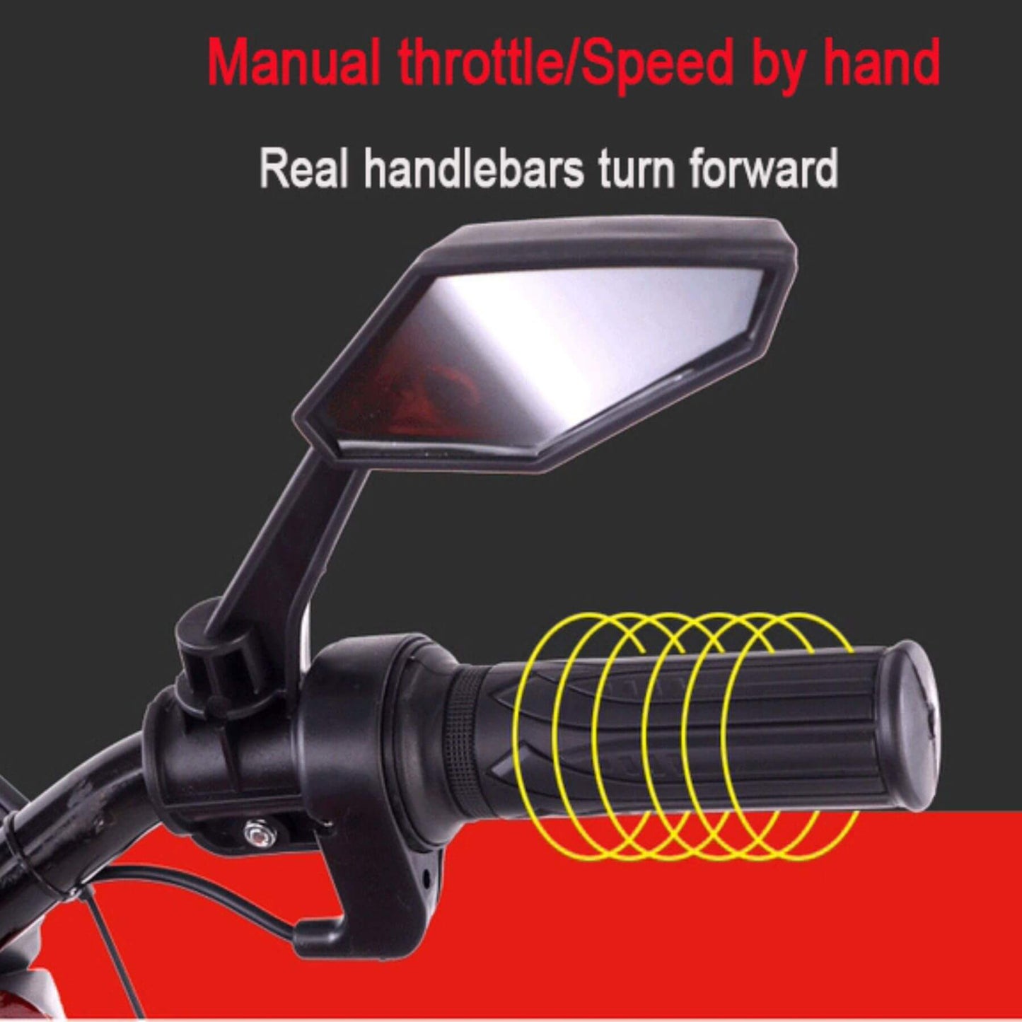 Motorcycle handlebar with mirror and text on a black and red background