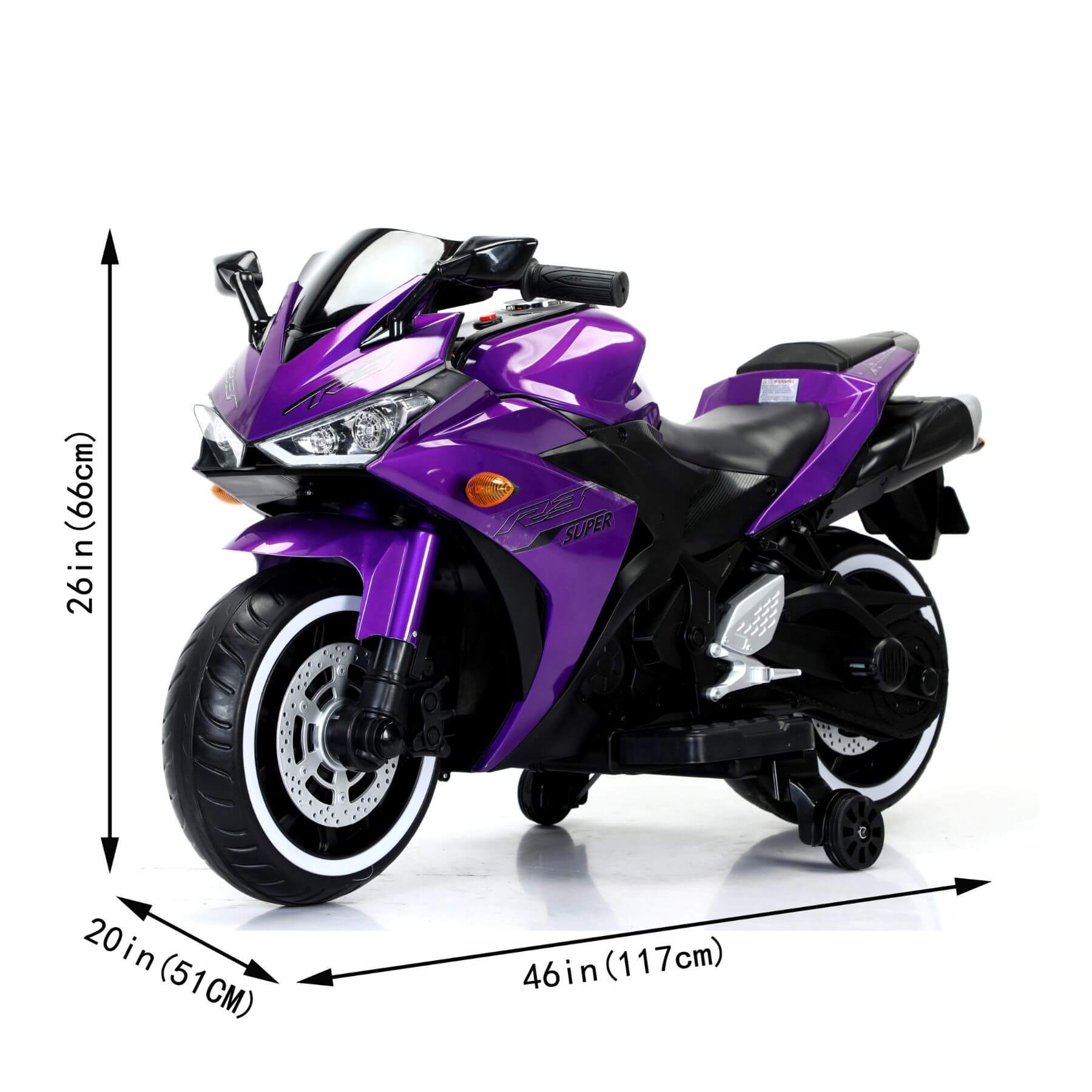 Tamco Kids 12V Motorcycle with Training Wheels - Purple with dimensions indicated on a white background