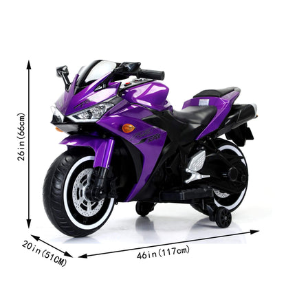 Tamco Kids 12V Motorcycle with Training Wheels - Purple with dimensions indicated on a white background