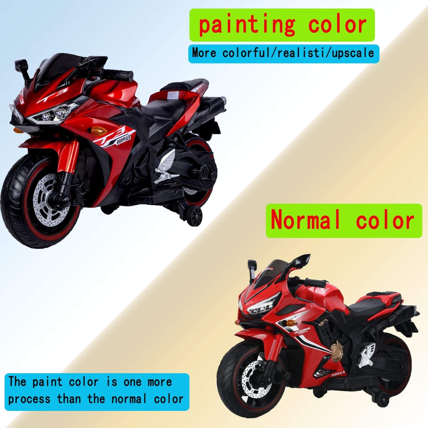 Two motorcycle models, one with 'painting color' text and the other with 'Normal color' text, on a gradient background.
