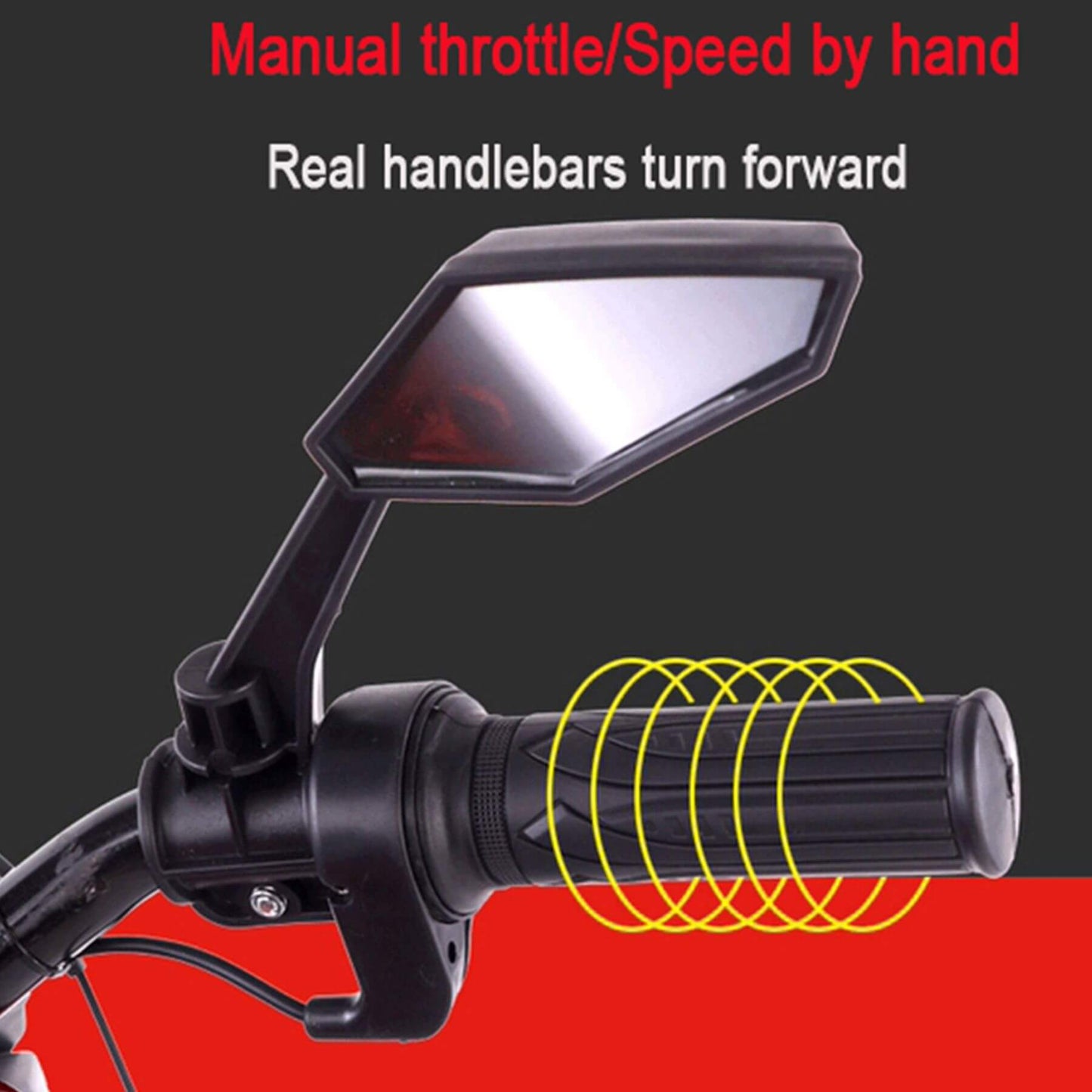 Motorcycle handlebar with mirror and throttle control on a black and red background