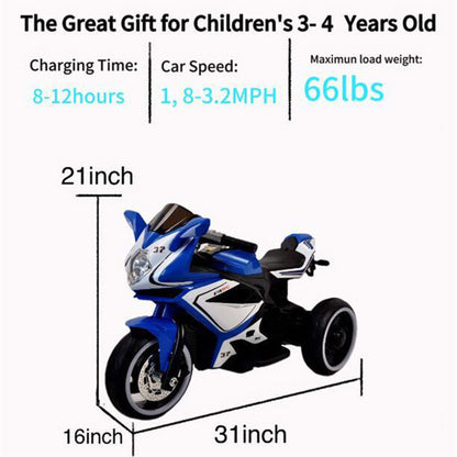 Tamco 6V Kids Electric Motorcycle for 3-4 Years Boys - Blue with specifications on a white background