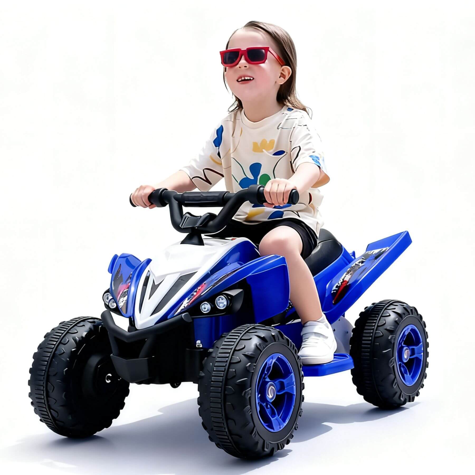 Child riding Tamco Kids Dual Motor Electric Ride On Toy - Blue