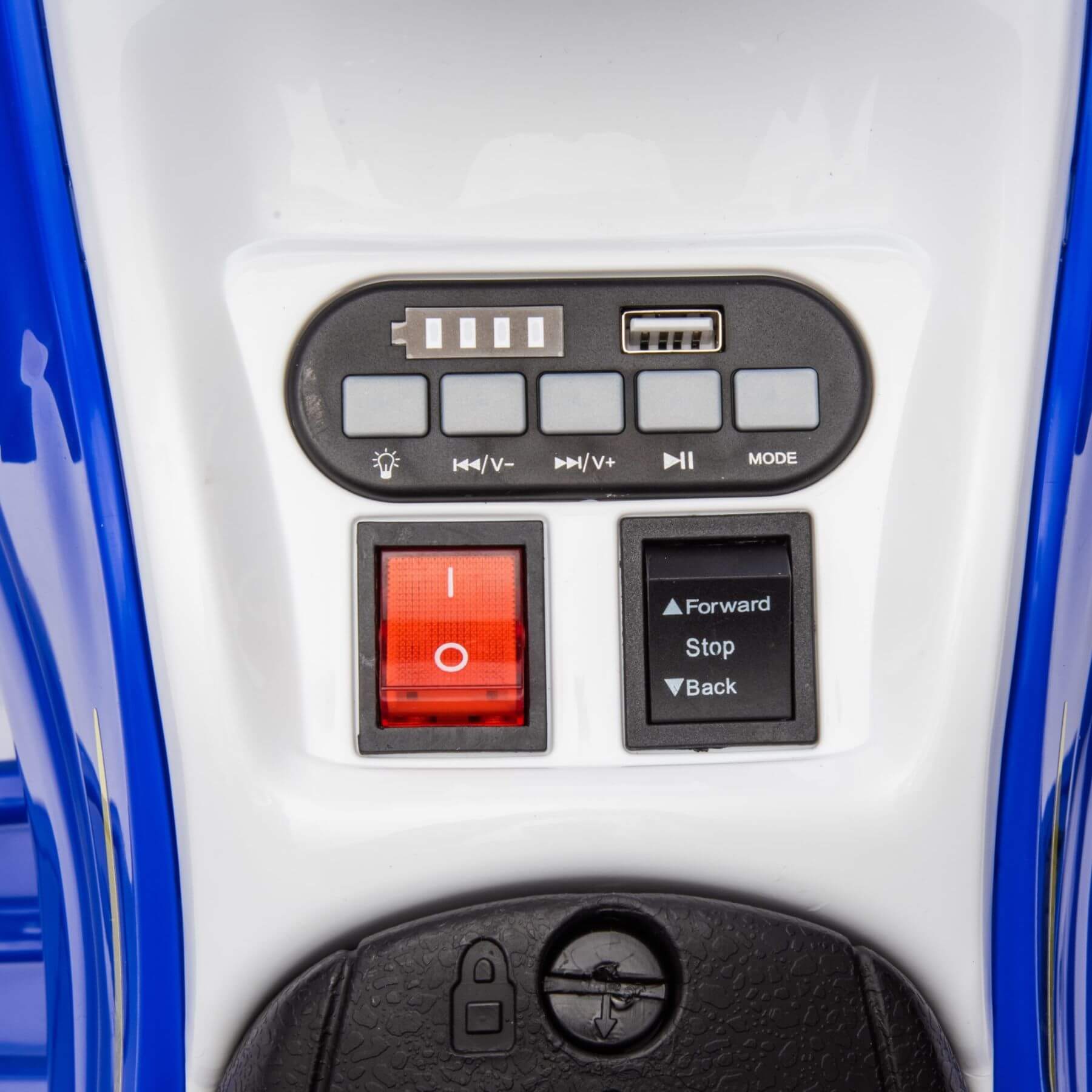 Control panel with buttons and indicators on Tamco Kids Dual Motor Electric Ride On Toy - Blue