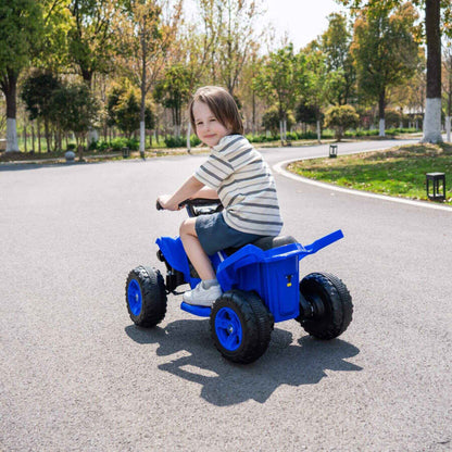 Child riding Tamco Kids Dual Motor Electric Ride On Toy - Blue on a paved road with trees in the background