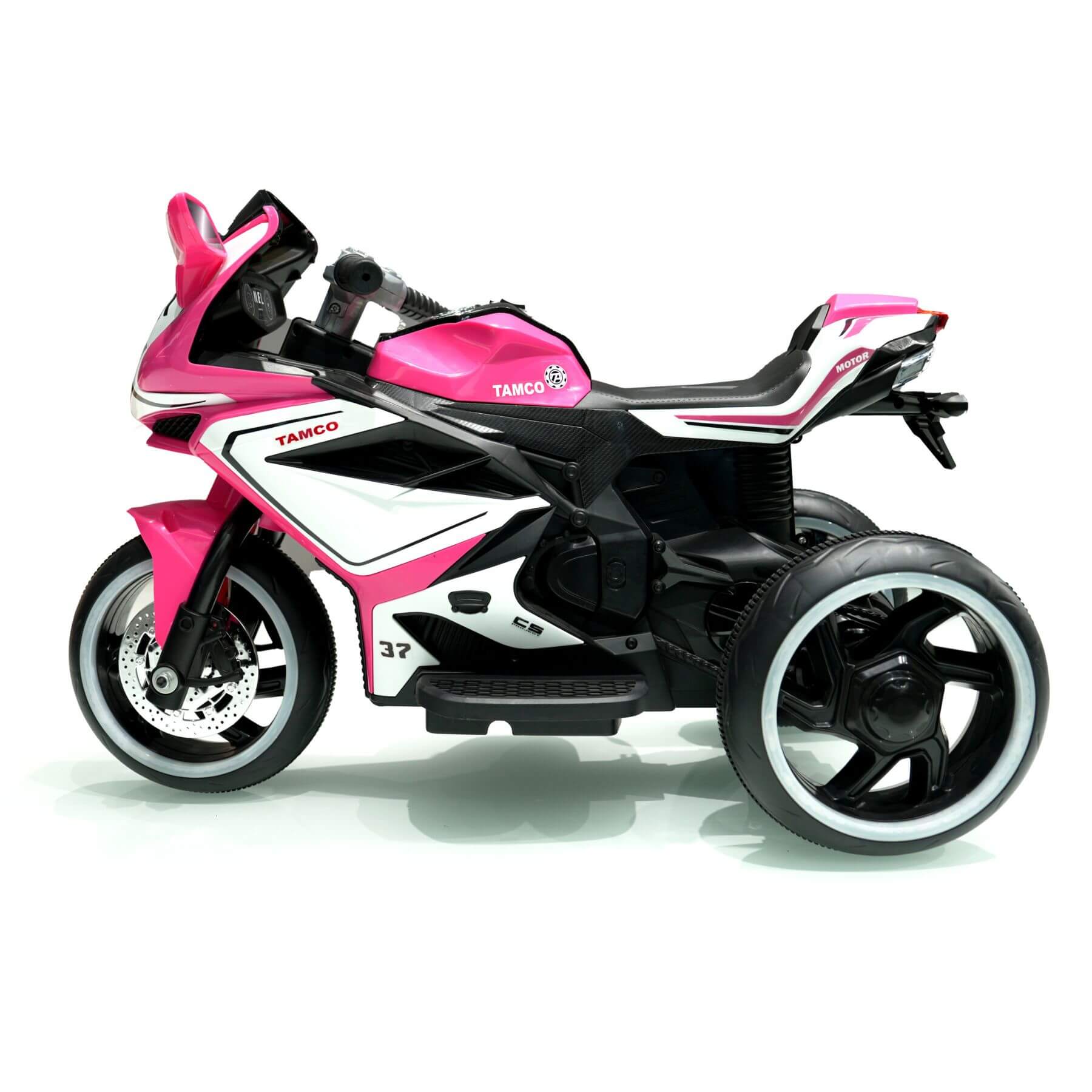 Side view of Child sitting on Tamco 6V Kids Electric Motorcycle - Pink
